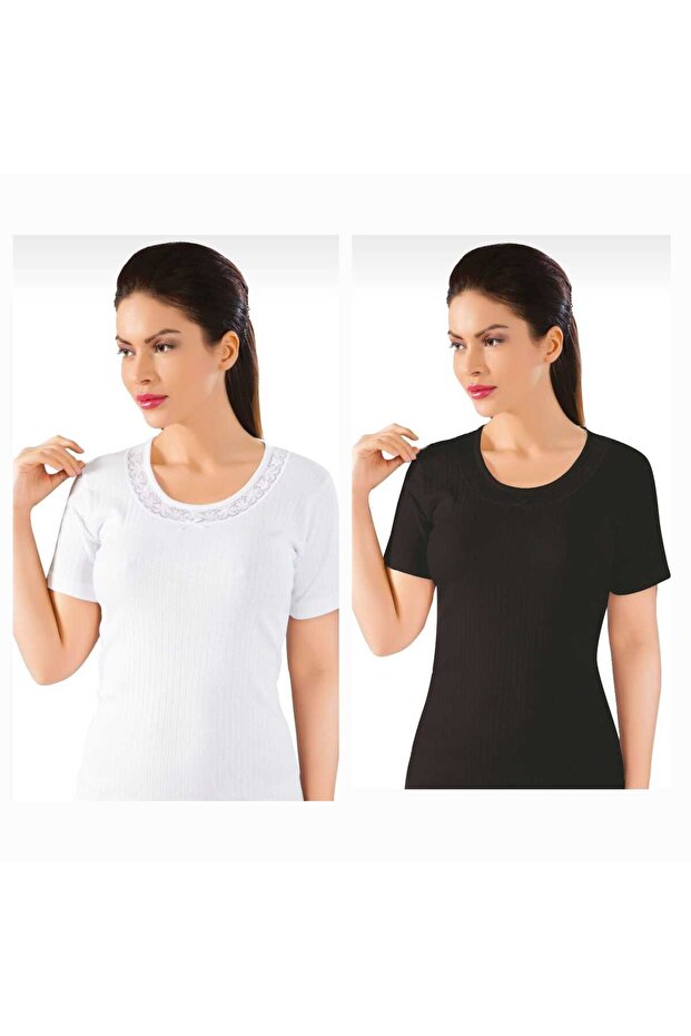 066 - 1 White, 1 Black Collar with Lace Detail, Cotton, Short Sleeve, Women's Undershirt