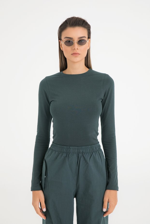 Cotton Round Neck Blouse Moss Green