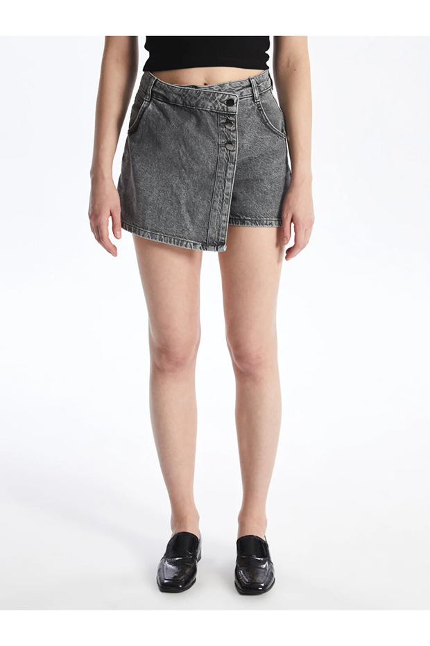 LCW ECO Kadın Standart Fit Düz Jean Şort Etek - 4