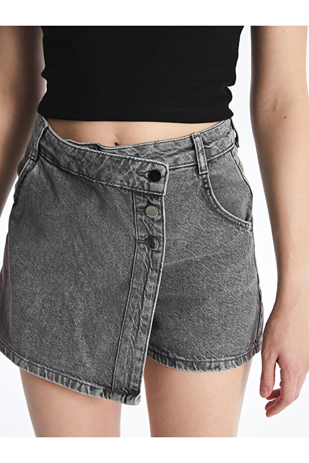 LCW ECO Kadın Standart Fit Düz Jean Şort Etek - 3