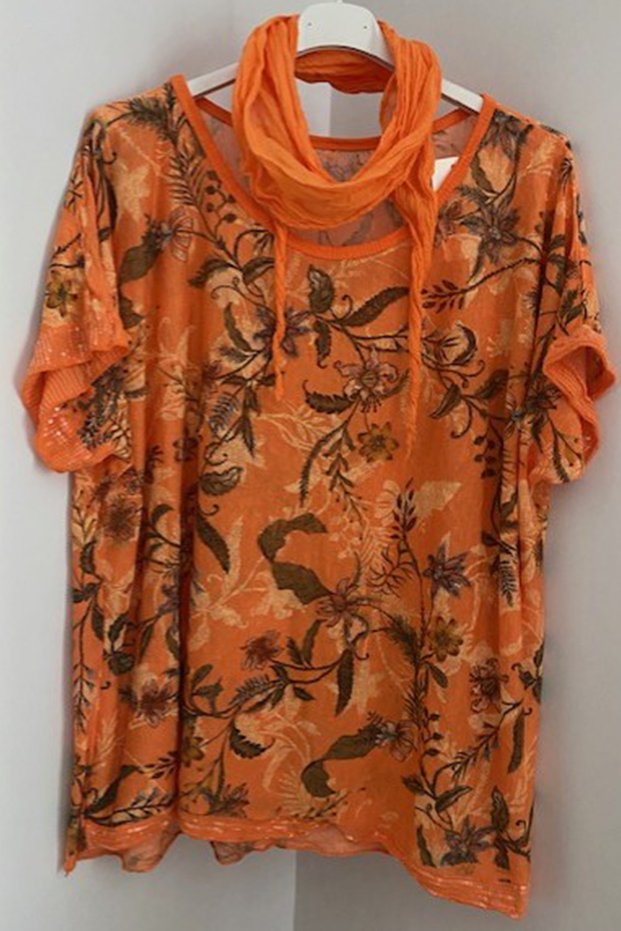 Women's Italian Orange Scarf Flower Patterned Sleeves and Skirt Paillette Sequined Loose Blouse