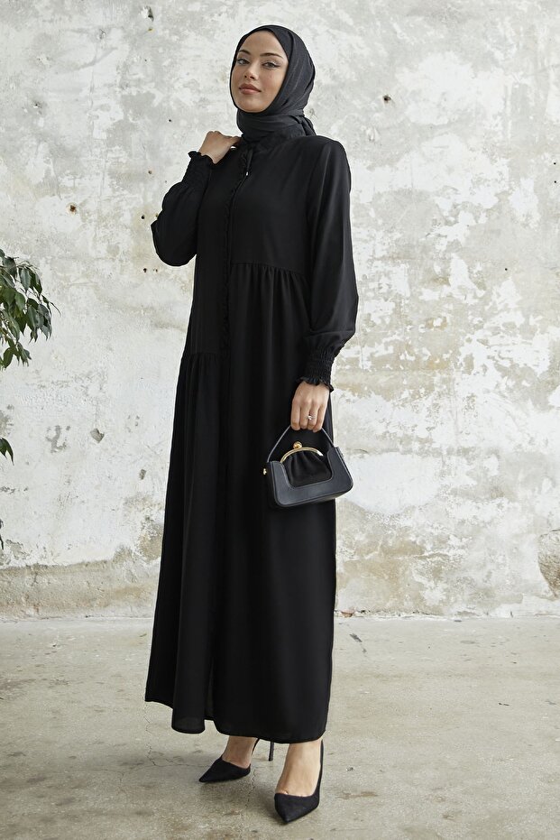 Frill Placket Asymmetric Cut Ferace - Black