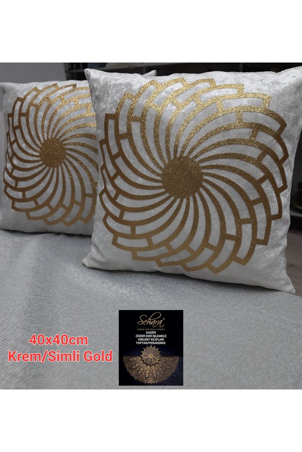 2 Pieces Velvet Throw Pillow Cover/40x40cm/cream Glitter Gold Leather Embroidered/Velvet on the Back Side