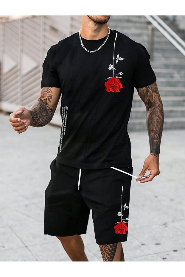 Black Men's Oversize Rose Flower Lettering Design T-Shirt-Shorts Set