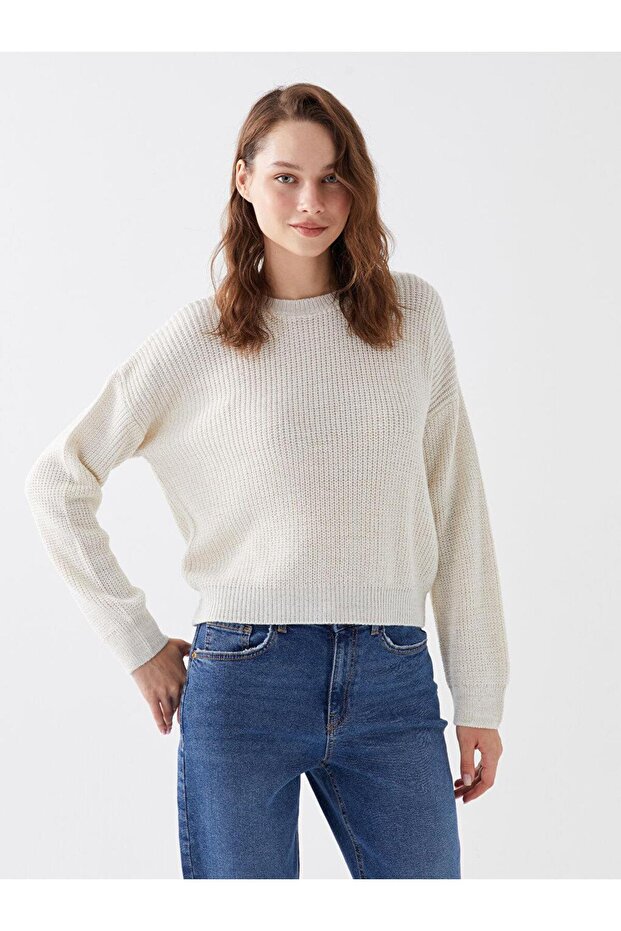 Crew Neck Self-Patterned Long Sleeve Women's Knitwear Sweater