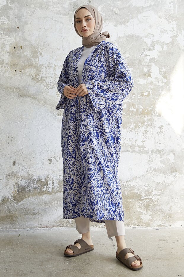 كيمونو طويل بنمط ملفوف - أزرق - 4