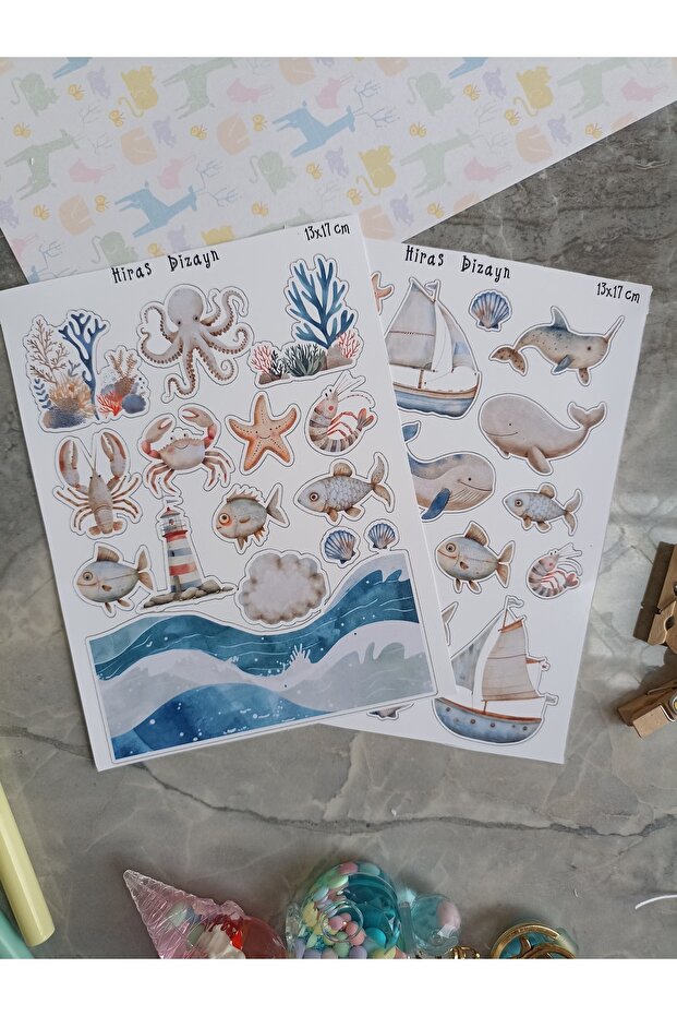 Ocean Themed Cute Sticker Sheets Custom Label Stickers 34pcs Stickers 13x17cm 2Pages