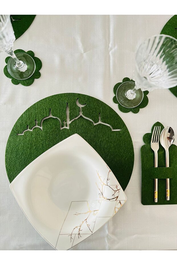 Ramadan-Themed Placemat Set, Ramadan Meal Set Iftar Meal Set, Iftar Placemat Set for 6 People Green