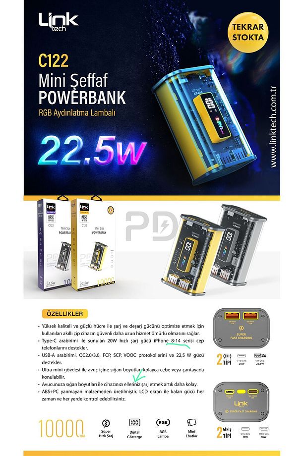 Link Tech Powerbank Şeffaf Transparan Model Şık Tasarım! C122 Strong 10000 Mah Pd 22.5w - 1