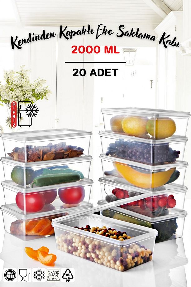 20 Adet Kendinden Kapaklı Derin Dondurucuya Uygun Saklama Kabı 2 Lt - 1