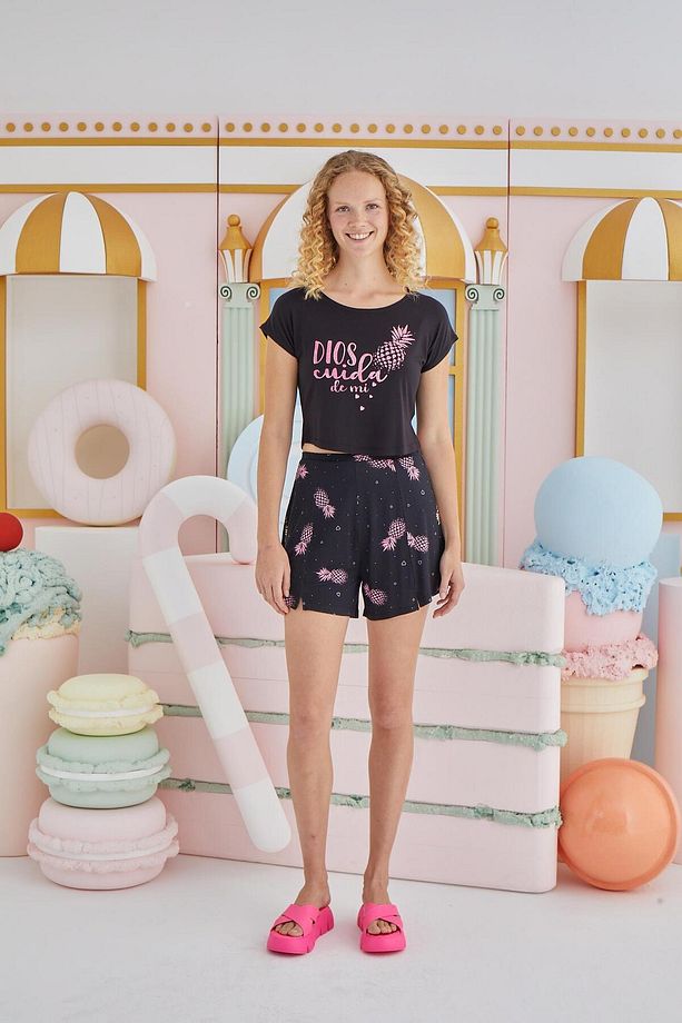 Kadın Kısa Kol Siyah Şortlu Pijama Takım C9T1N851 - 2
