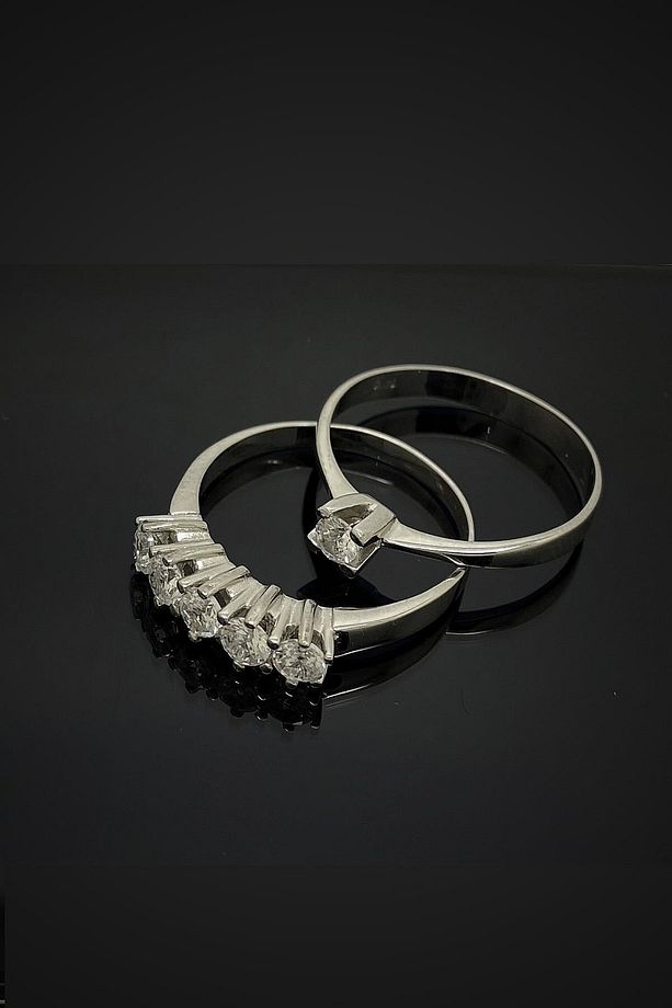 Gümüş 3mm Taşlı Beş Taş Tek Taş Yüzük - 2