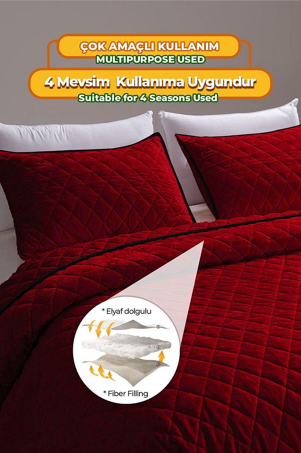 Kapitone Kadife Yatak Örtüsü Seti Tek Kişilik Supersoft 2 Parça Yumuşak Elyaf Dolgulu Kırmızı - 5