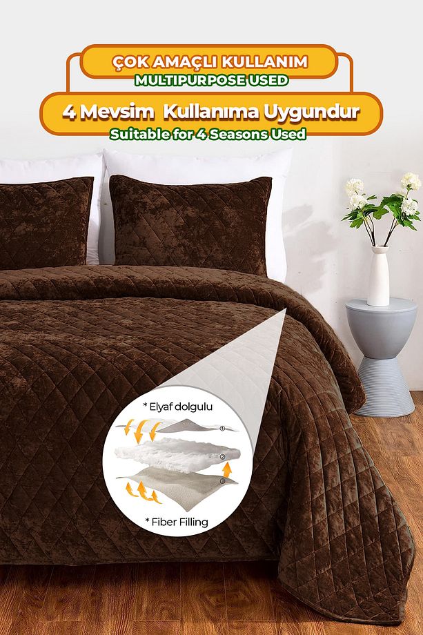 Kapitone Kadife Yatak Örtüsü Seti Tek Kişilik Supersoft 2 Parça Yumuşak Elyaf Dolgulu Koyu Kahve - 5