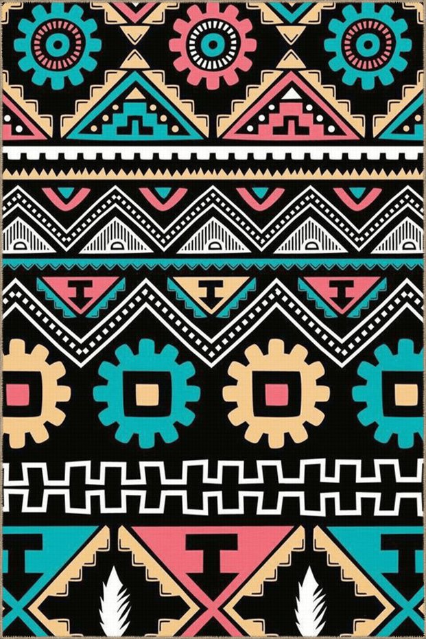 Black Turquoise Themed Motif Ethnic Patterned Vintage Decorative Carpet 3806