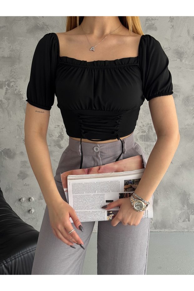 Women's Black Balloon Sleeve Tied Corset Looking Madonna Collar Short Sleeve Crop Blouse