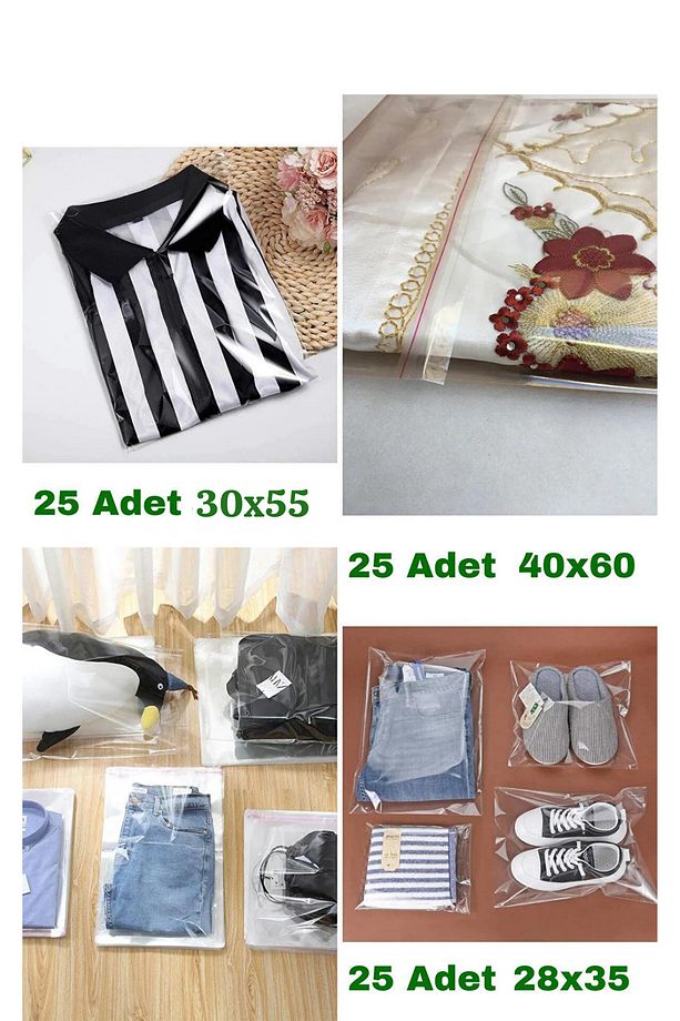 Farklı Ebatlarda Çeyiz Poşeti Bantlı Şeffaf Jelatin Poşet Parlak Ambalaj Paketi (75 ADET) - 1