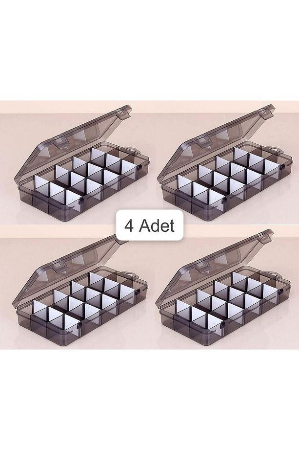 Füme 4 Adet 15 Bölmeli Kolye Yüzük Kapaklı Takı Kutusu Dikiş Kutusu Organizer Düzenleyici Kutu - 3