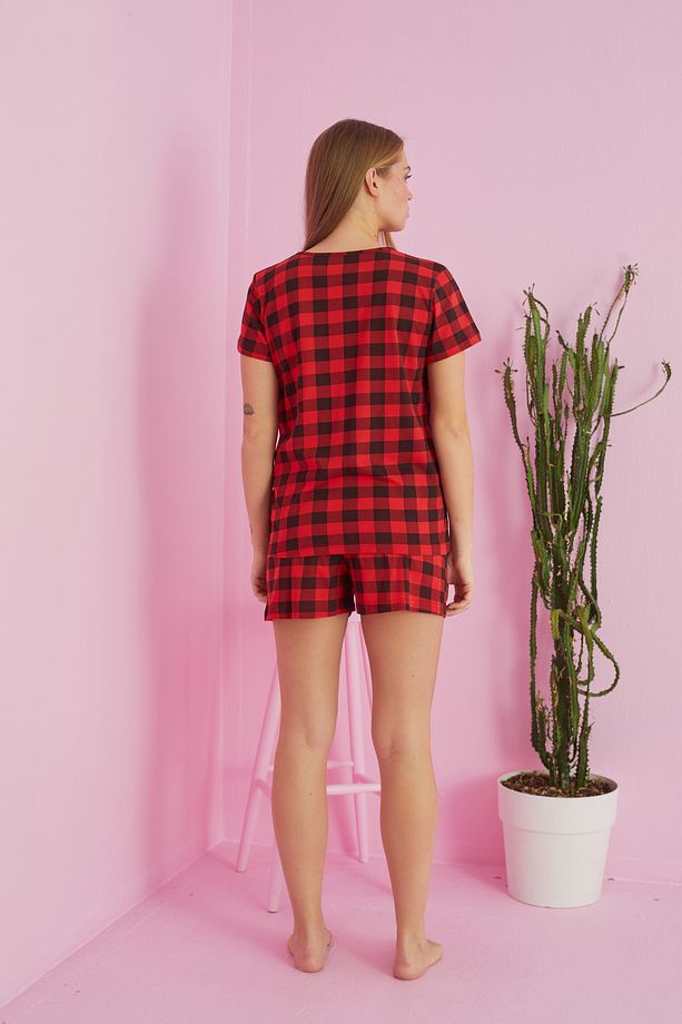 kırmızı ekose desenli Pamuklu Şort-Pijama Takım - 2