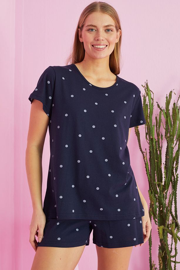 lacivert puan desenli Pamuklu Şort-Pijama Takım - 1