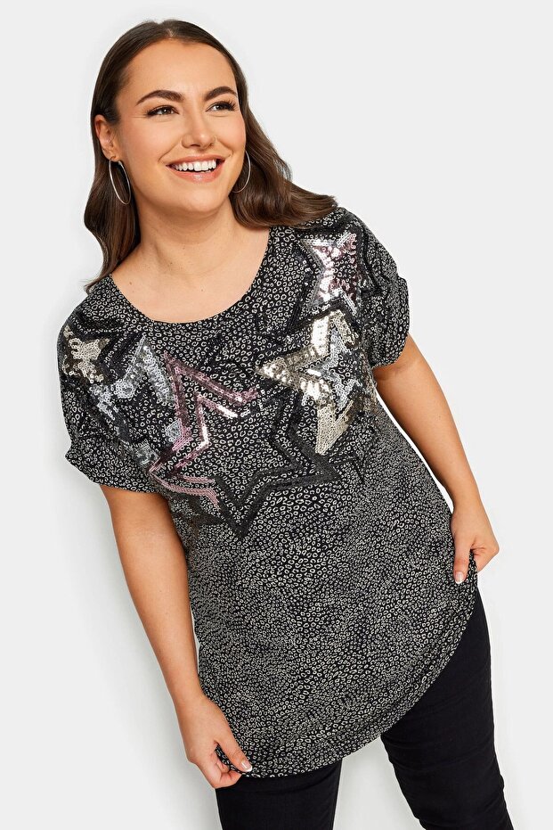 Large Size Crew Neck Short Sleeve Sequin Embroidered T-shirt302856