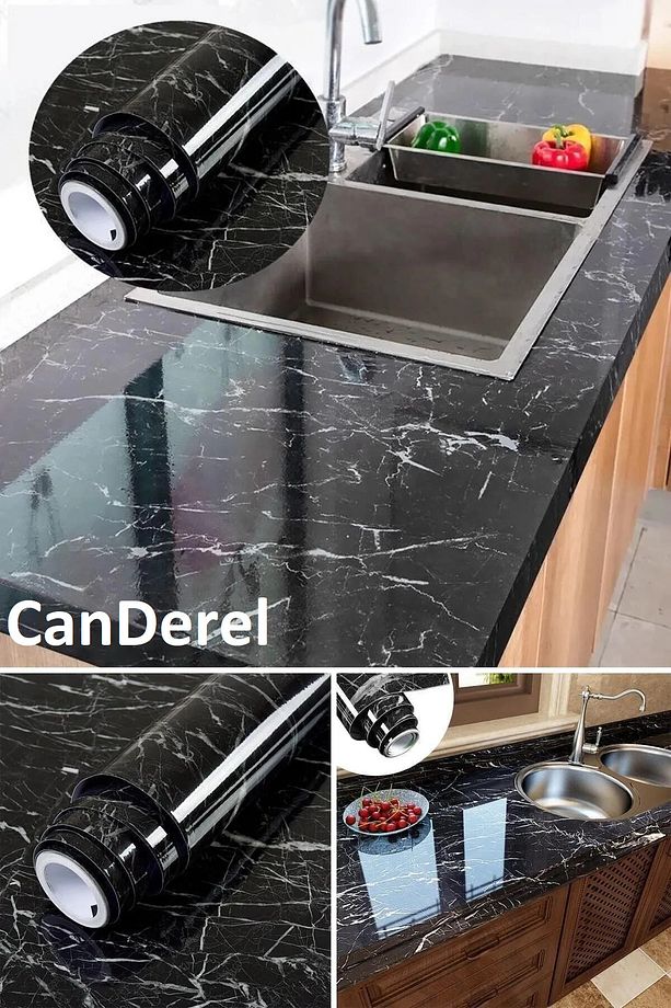 Mermer Desenli Siyah 5 Metre Kendinden Yapışkanlı Kaplama Kağıdı Tezgah Duvar Dolap Raf Üstü Folyo - 3