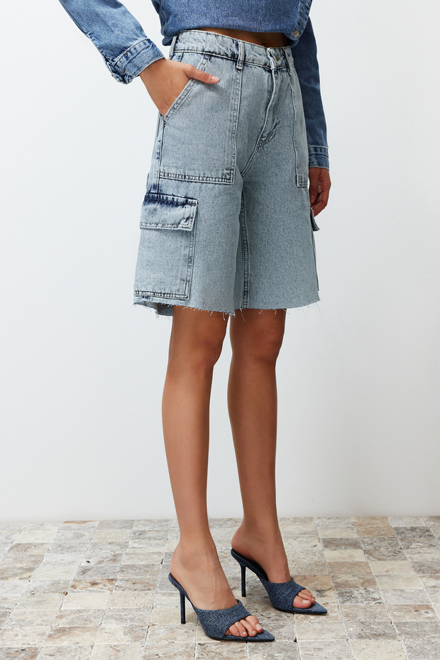 Açık Mavi Kargo Cep Yüksek Bel Denim Bermuda TWOSS24SR00091 - 5