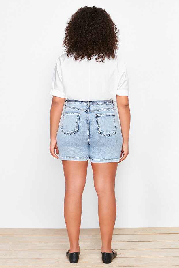 Açık Mavi Yüksek Bel Comofrt/Orta Esnek Straight Fit Büyük Beden Denim Şort TBBSS24AP00030 - 6