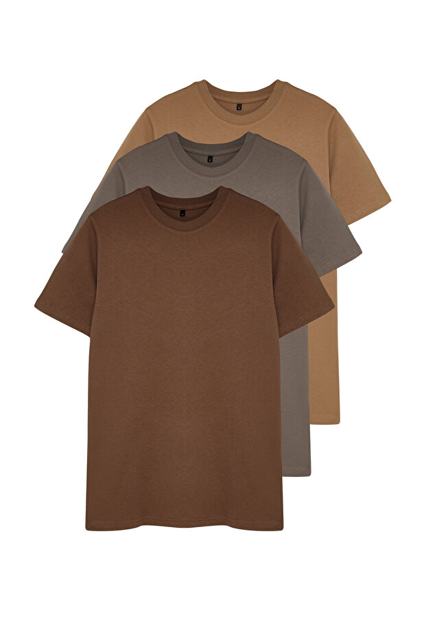 Kahverengi-Bej-Gri Slim/Dar Kesim Bisiklet Yaka Basic %100 Pamuklu 3'lü Paket T-Shirt TMNSS19BO0007 - 2
