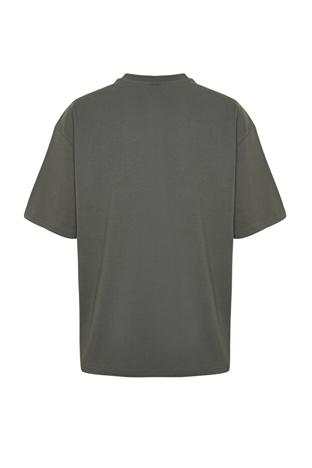 Antrasit Oversize/Geniş Kesim Kısa Kol Manzara Nakışlı %100 Pamuklu T-Shirt TMNSS23TS00243 - 8