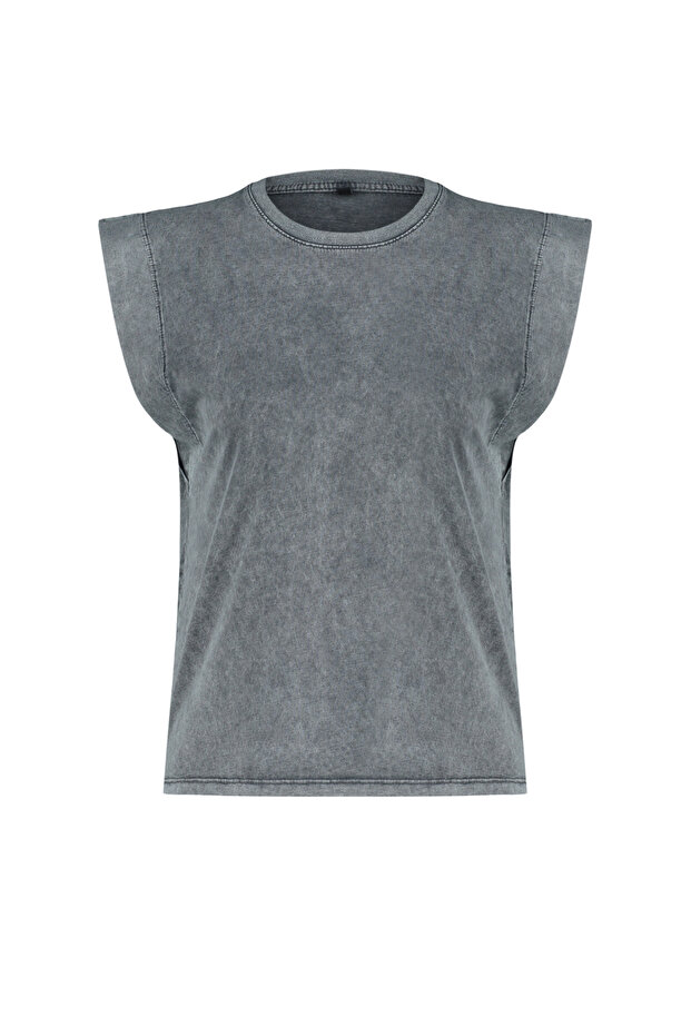 Antrasit*001 Soluk Efektli %100 Pamuk Vatka Görünümlü Basic Bisiklet Yaka Örme T-Shirt TWOSS20TS0021 - 7