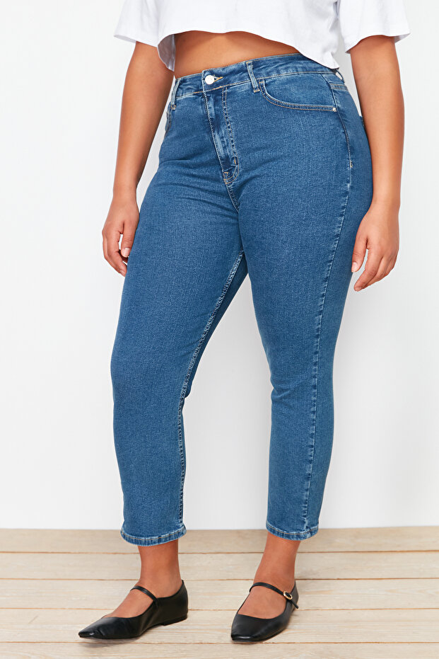 Mavi Yüksek Bel Kısa Boy Esnek/Stretch Büyük Beden Skinny Jeans TBBSS24CJ00032 - 3