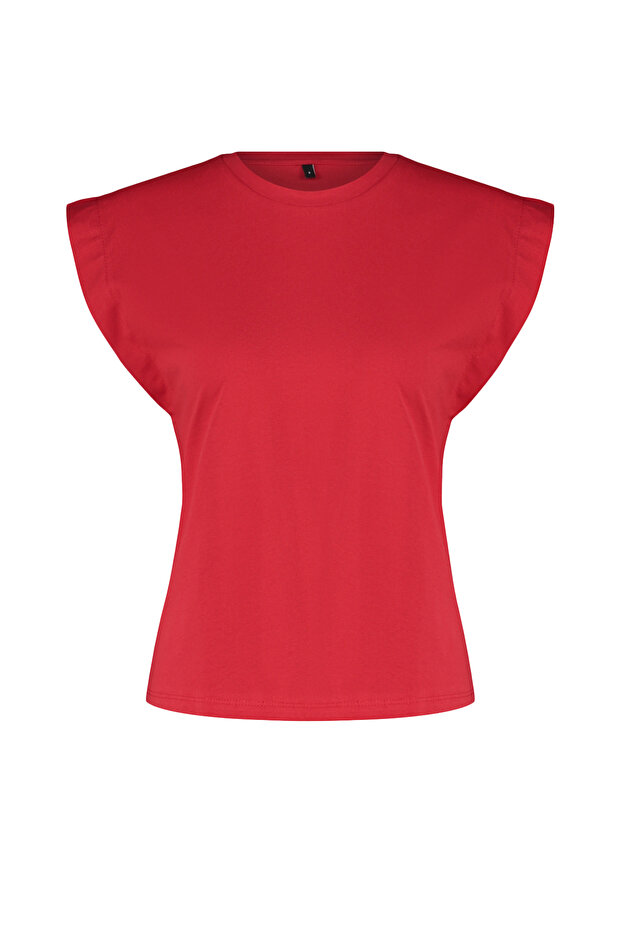 Kırmızı %100 Pamuk Vatka Görünümlü Basic Bisiklet Yaka Örme T-Shirt TWOSS20TS0021 - 7