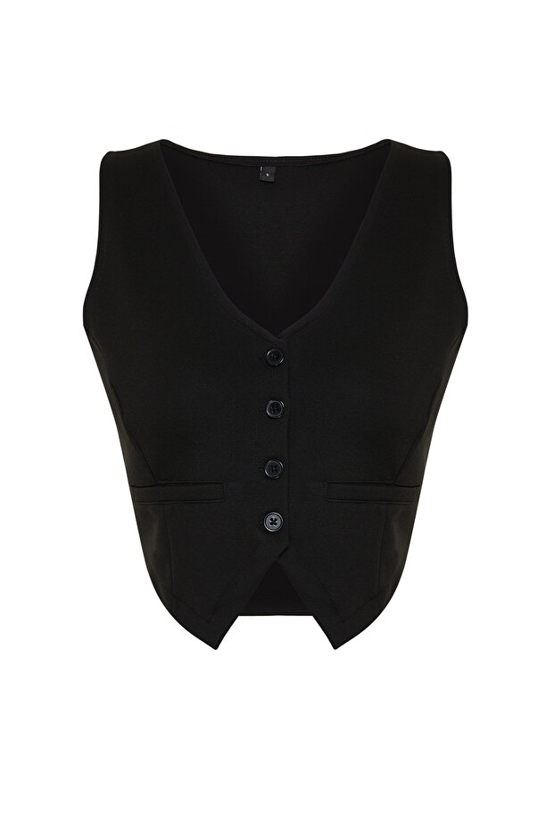 Siyah Düz Slim Regular Düğme Detaylı Crop Yelek TWOSS23YE00037 - 7