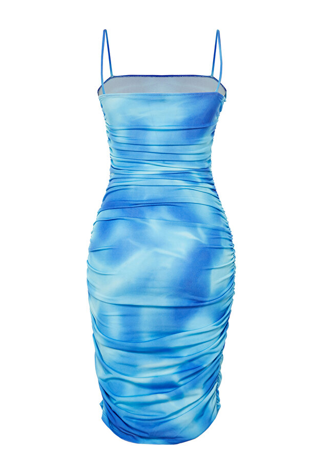 Mavi Soyut Desenli Büzgü/Drape Detaylı Vücuda Oturan Esnek Örme Mini Kalem Elbise TWOSS24EL00385 - 8