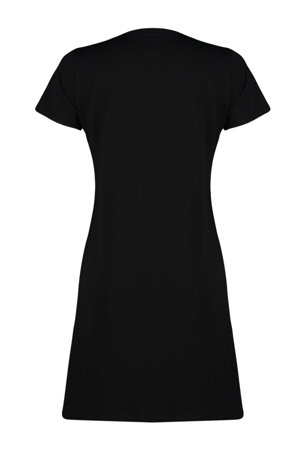 Siyah %100 Pamuk Cep Detaylı Bisiklet Yaka Kısa Kol Örme T-shirt Elbise TWOSS24EL00120 - 7