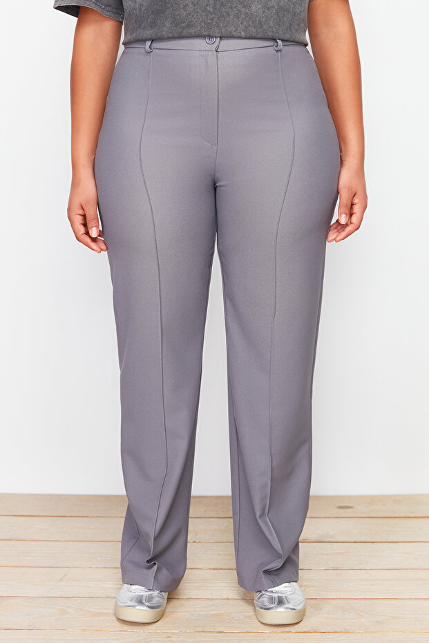Gri Yüksek Bel Wide Leg/Geniş Paça Dokuma Kumaş Pantolon TBBAW24AR00032 - 5