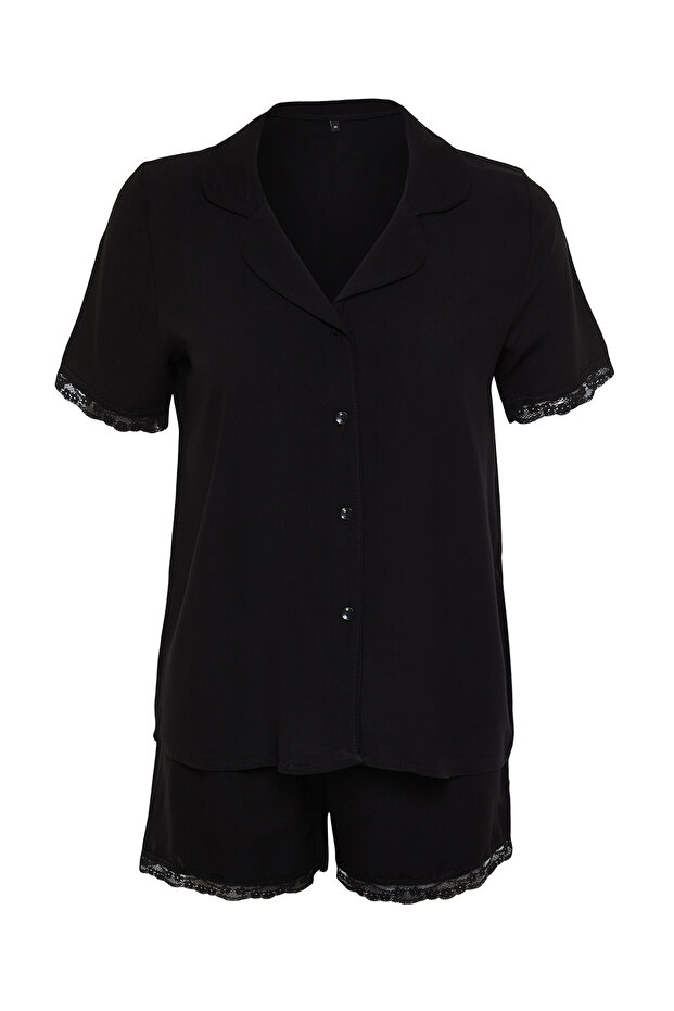 Siyah Dantelli Viskon Şortlu Dokuma Pijama Takımı THMSS24PT00181 - 7