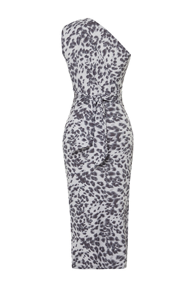 Rochie midi tip creion tricotată, gri leopard, pe corp, cu un singur umăr, cu strângere asimetrică TWOSS23EL02182 - 8