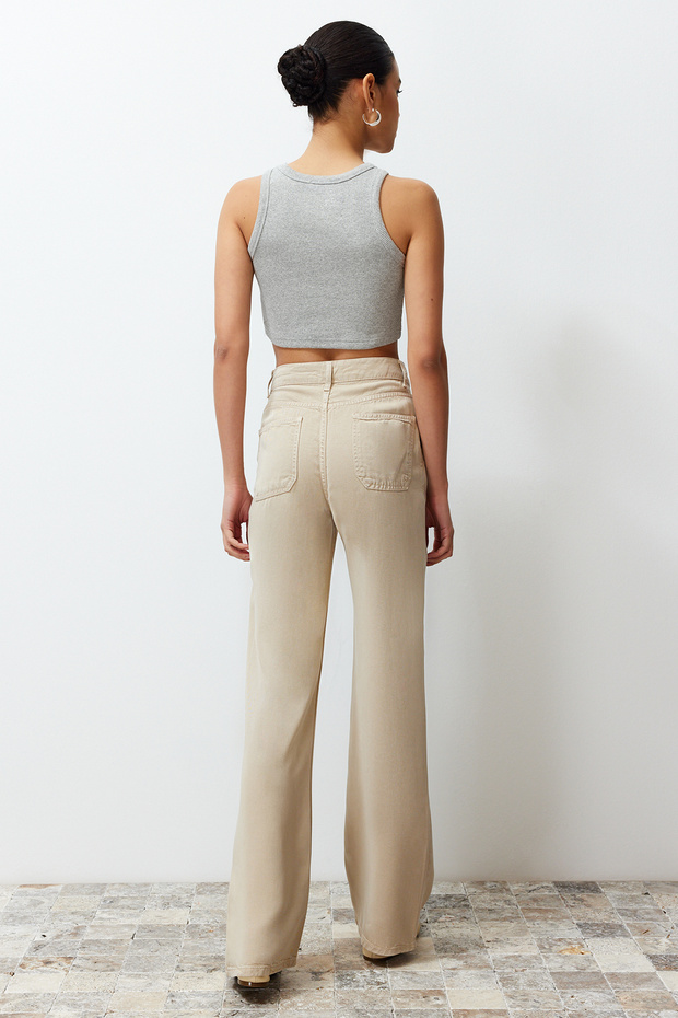 More Sustainable Bej %100 Tencel™ Düşük Bel Wide Leg Jeans TWOSS23JE00219 - 6