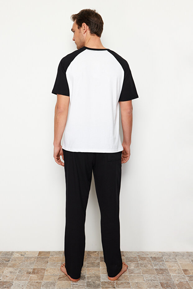 Siyah Beyaz Baskılı Reglan Kol Regular Fit Örme Pijama Takımı TMNSS24PT00014 - 6