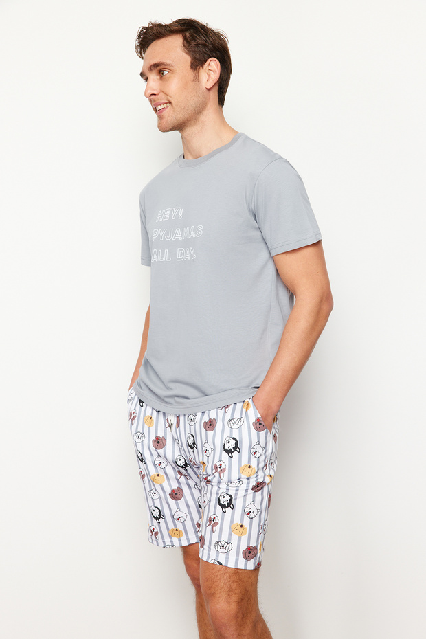 Gri Regular Fit Baskılı Örme Şortlu Pijama Takımı TMNSS23PT00000 - 2