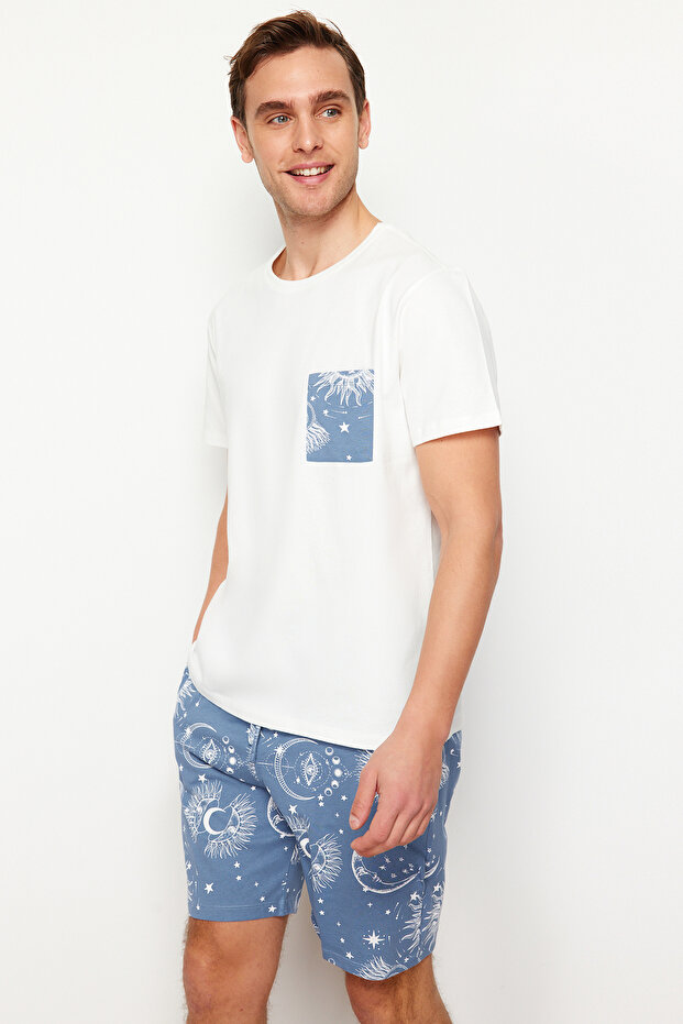 Ekru Mavi Baskılı Regular Fit Couple/Çift Örme Şortlu Pijama Takımı TMNSS24PT00018 - 2