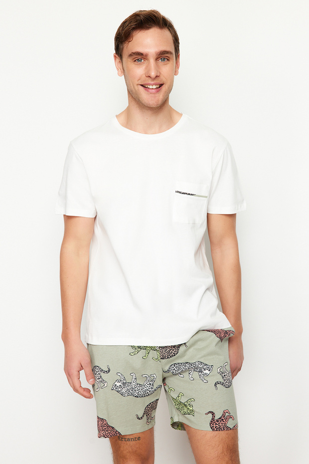 Ekru Regular Fit Hayvan Desenli Couple/Çift Örme Şortlu Erkek Pijama Takımı TMNSS24PT00015 - 3