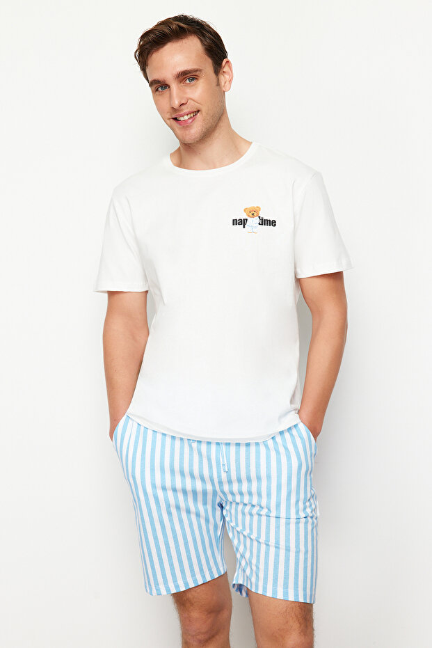 Mavi Ekru Çizgili Regular Fit Couple/Çift Örme Şortlu %100 Pamuk Pijama Takımı TMNSS24PT00017 - 3