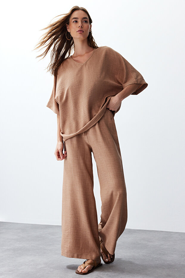 Camel V Yaka Dokuma Bluz-Pantolon Takım TWOSS24AU00096 - 2