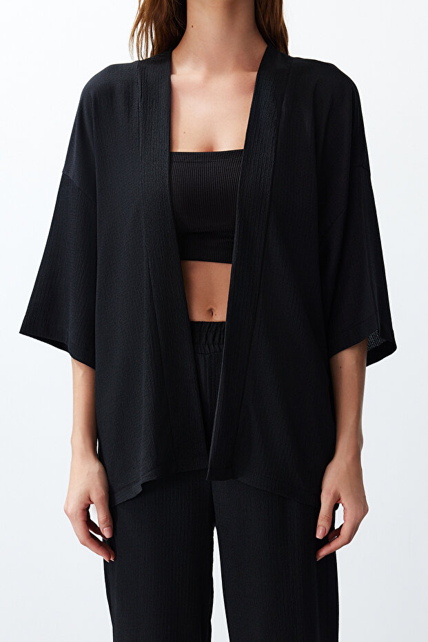 Siyah Relaxed/Rahat Kesim Örme Kimona Pantolon Alt-Üst Takım TWOSS24AU00091 - 5