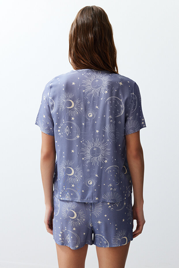 Kadın Couple/Çift Mavi Galaksi Desenli Viskon Şortlu Dokuma Pijama Takımı THMSS24PT00135 - 7