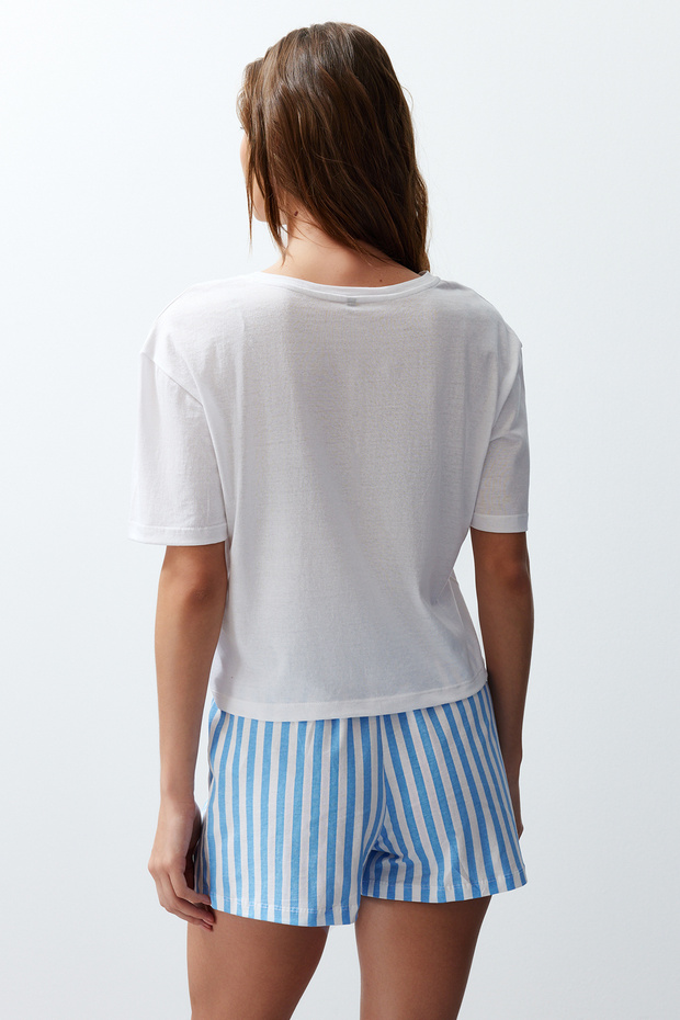Kadın Couple/Çift Beyaz %100 Pamuklu Ayıcıklı Çizgili Şortlu Örme Pijama Takımı THMSS24PT00175 - 7