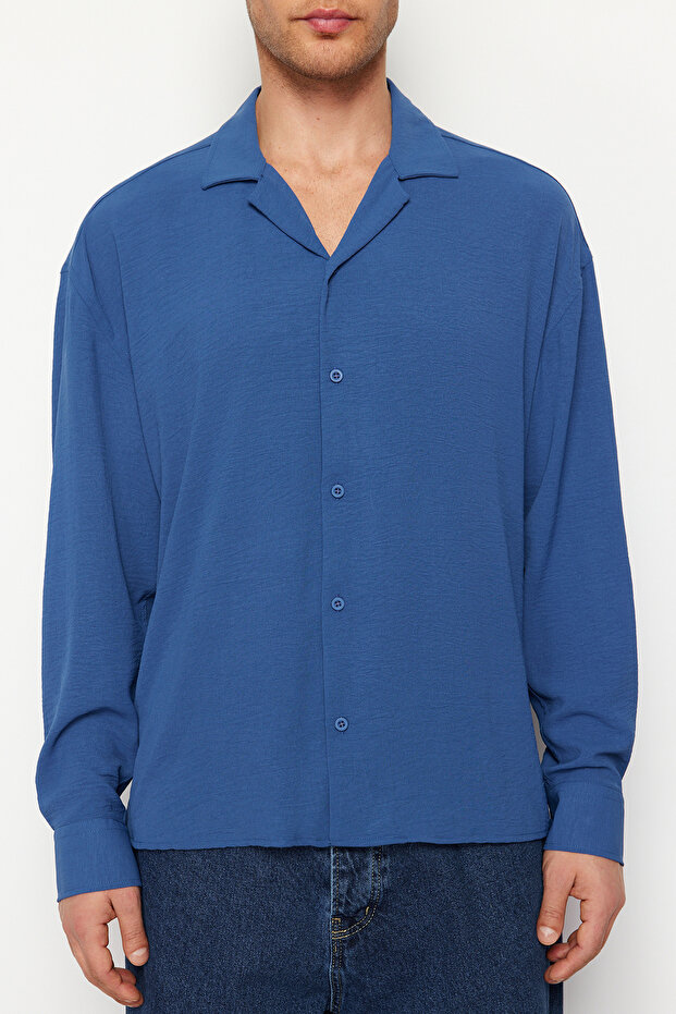 Indigo Oversize Fit Apaş Yaka Yazlık Keten Görünümlü Gömlek TMNSS23GO00053 - 4